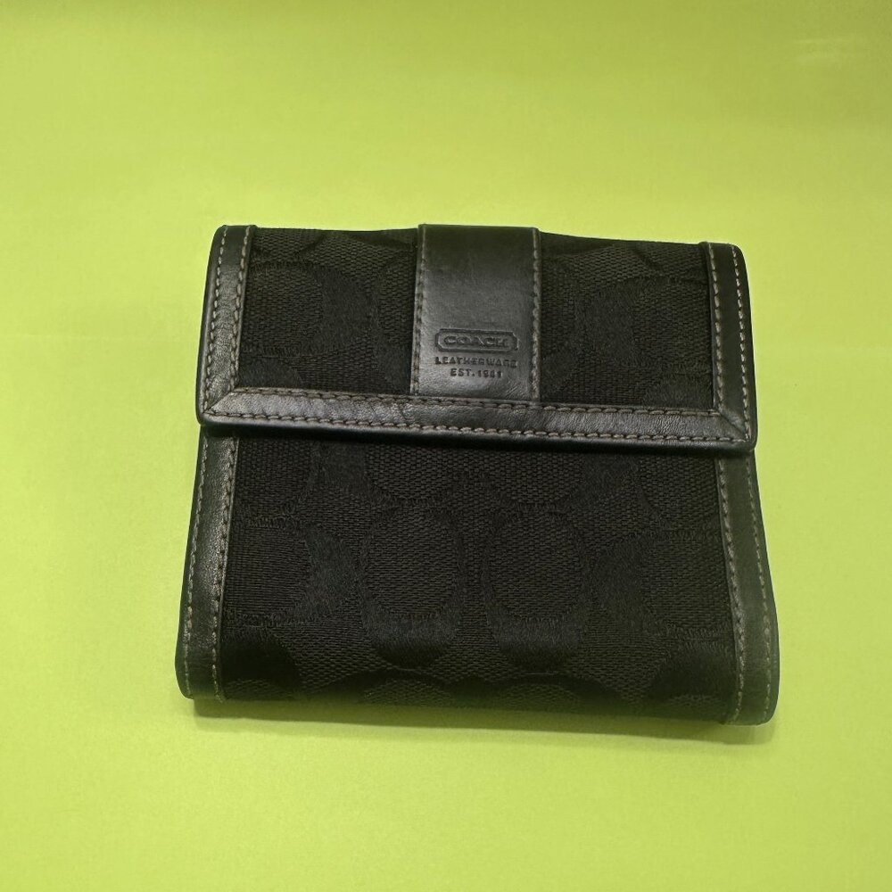 Black Coach signature jacquard and leather trim tri-fold wallet